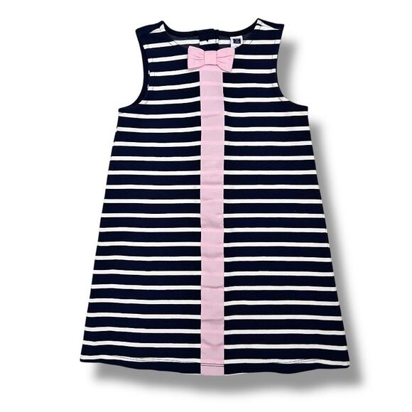 Janie and Jack Girls Dress Size 4 Navy White Striped Pink Bow Sleeveless Stretch - Picture 1 of 6